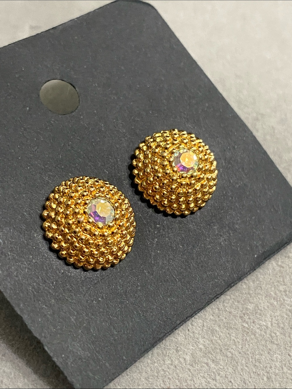Avon Gold Beaded Dome Earrings with Aurora Crystal - Picture 2 of 6